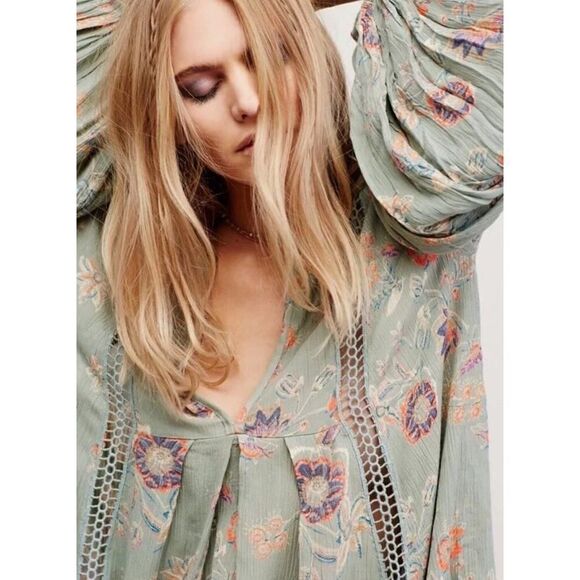 Free People Just The Two Of Us Floral Lace Inset Tunic Dress Mint Green Small - Picture 4 of 13